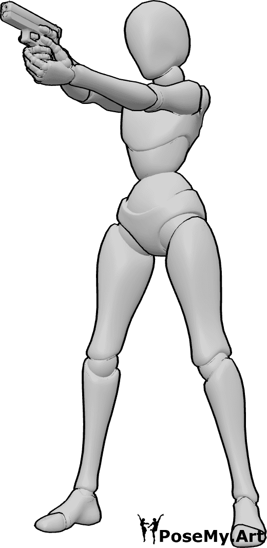 ポーズ資料- 前方を狙うピストルポーズ - 女性は立ったまま前方を狙い、両手でグロックを構えている
