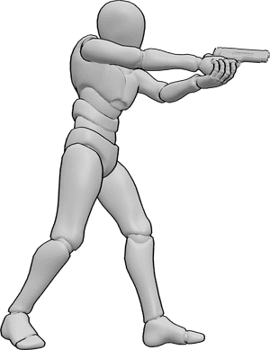 Pose Reference- Advancing pistol aiming pose - Male is walking forward while aiming a pistol ahead, gripping it with both hands