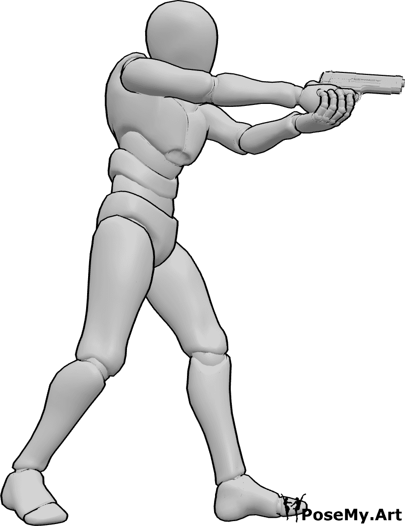ポーズ資料- ピストルの照準姿勢の向上 - 男性は、両手で拳銃を握り、前方を狙いながら前進している
