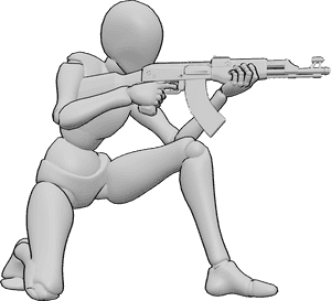 Pose Reference- Kneeling aiming AK pose - Female is half-kneeling while aiming an AK47 steadily forward