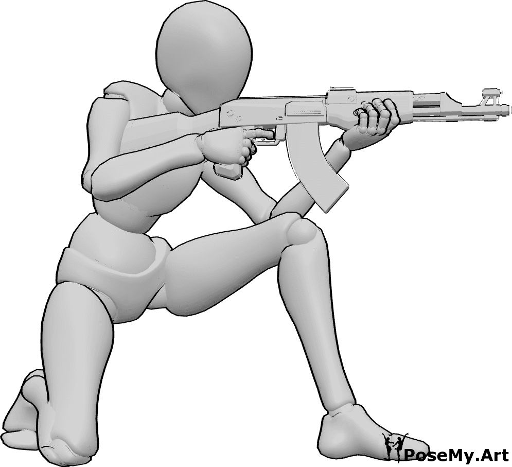 Pose Reference- Kneeling aiming AK pose - Female is half-kneeling while aiming an AK47 steadily forward