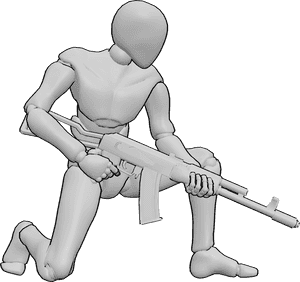 Pose Reference- Kneeling holding AK pose - Male is half-kneeling, holding an AK with both hands in a controlled combat stance