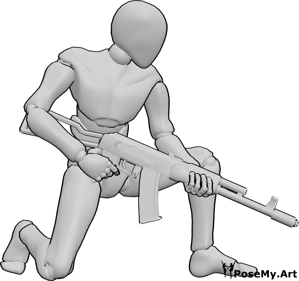 Pose Reference- Kneeling holding AK pose - Male is half-kneeling, holding an AK with both hands in a controlled combat stance