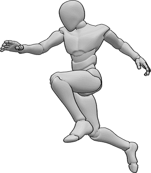 Pose Reference- Male running leap pose - Male is leaping forward with a long stride, mid-run transition