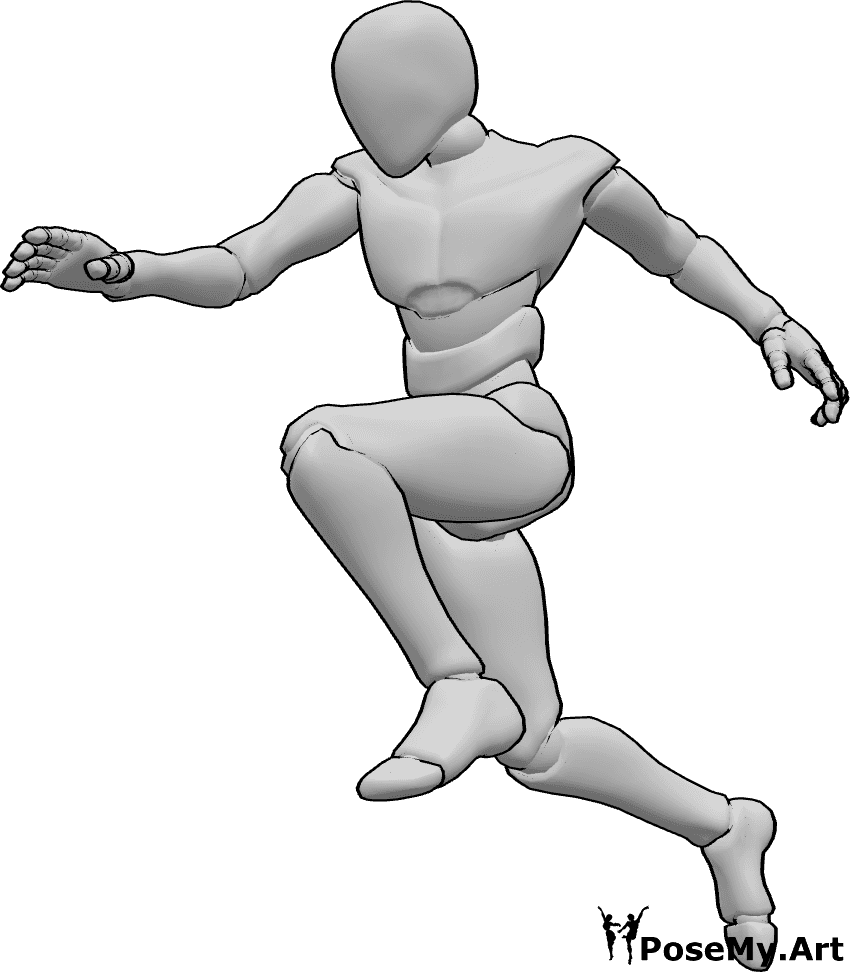 Pose Reference- Male running leap pose - Male is leaping forward with a long stride, mid-run transition