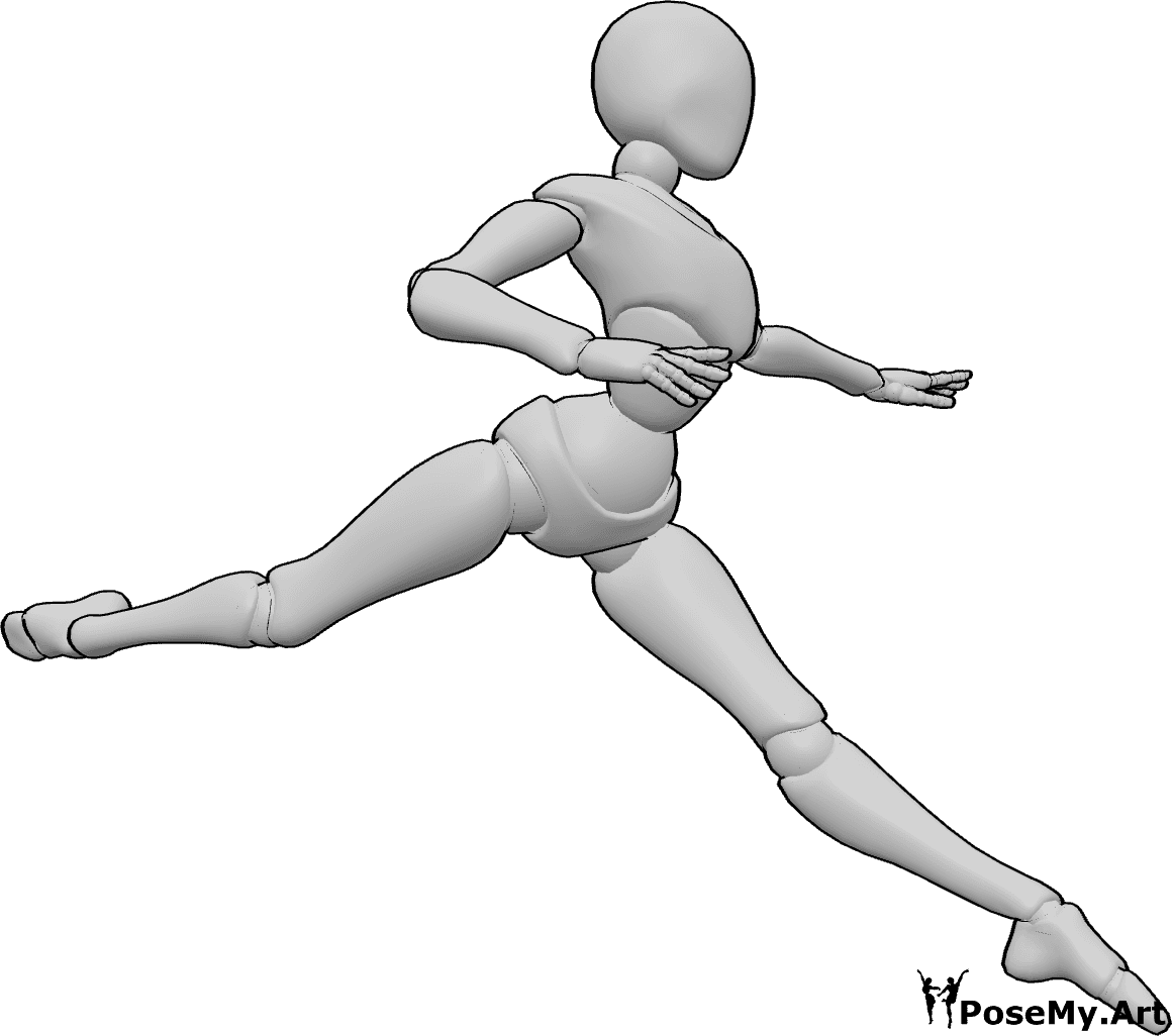Pose Reference- Split leap pose - Female is leaping with one leg extended forward and one back, split-like