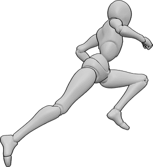 Pose Reference- Female running leap pose - Female is leaping forward with a long stride, mid-run transition