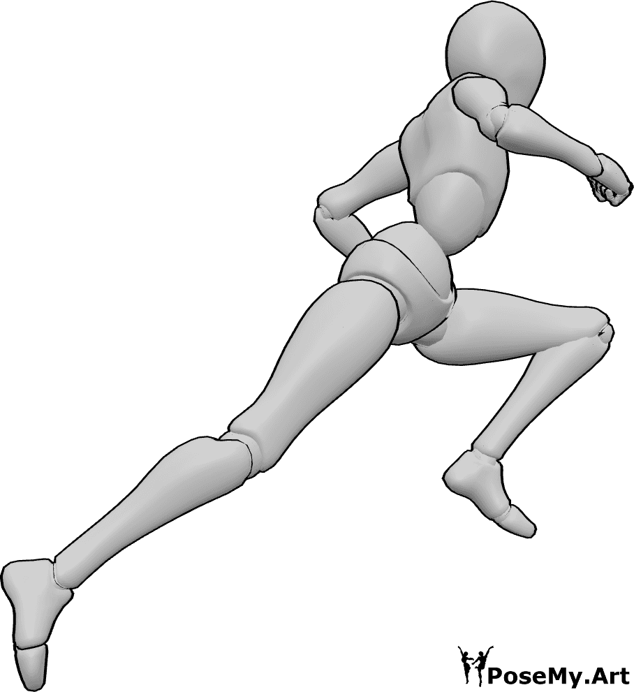 Pose Reference- Female running leap pose - Female is leaping forward with a long stride, mid-run transition