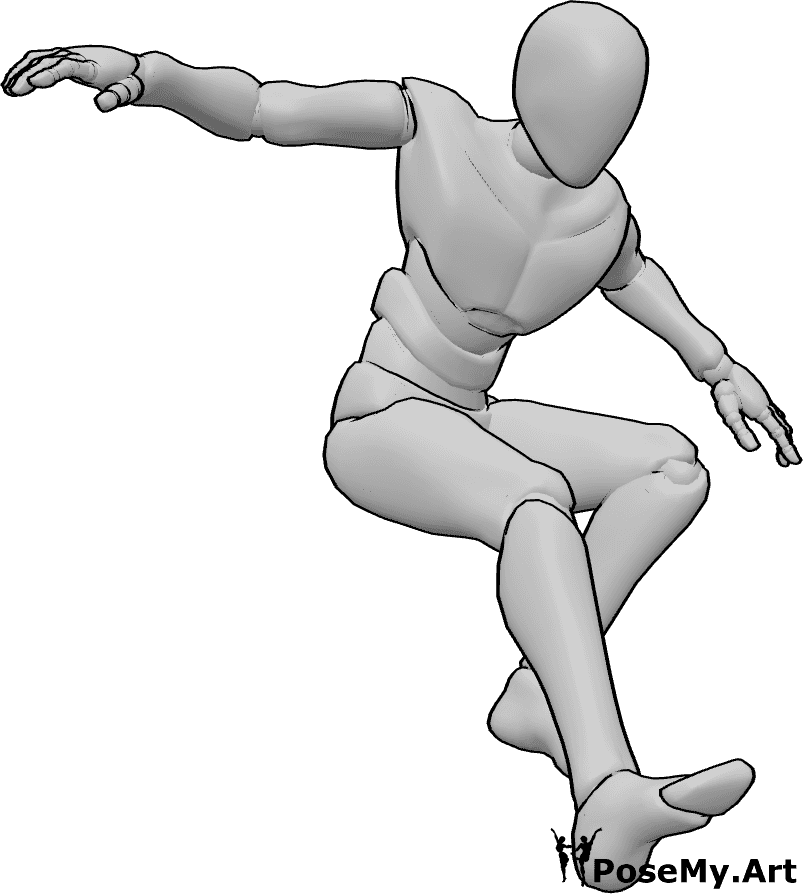 Pose Reference- Downward leaping pose - Male is leaping downward with arms raised for balance