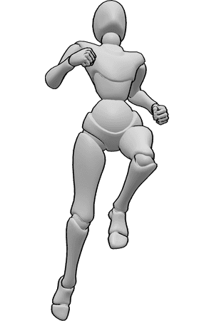 Pose Reference- Female upward leap pose - Female is leaping upward with clenched fists and tense shoulders