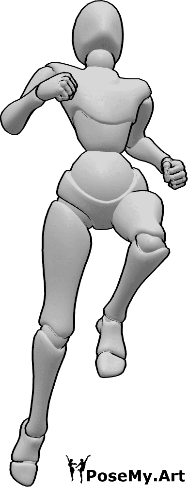 Pose Reference- Female upward leap pose - Female is leaping upward with clenched fists and tense shoulders