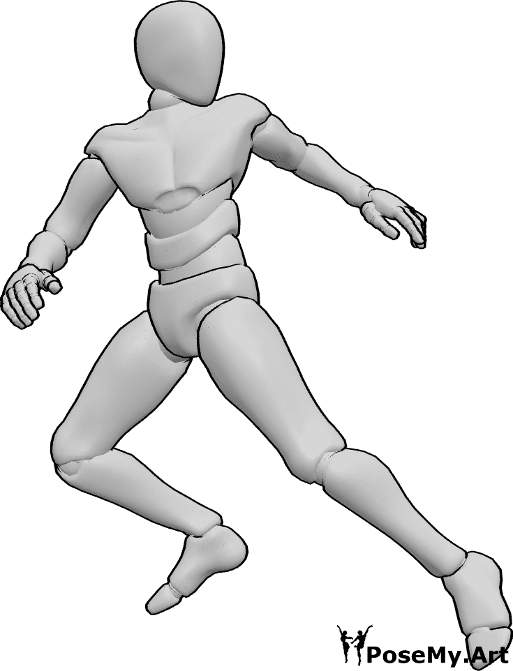 Pose Reference- Leaping turning pose - Male is leaping while turning the head in the opposite direction