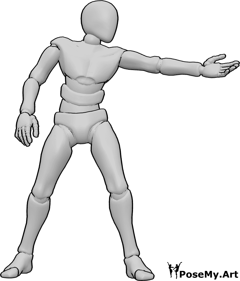 Pose Reference- Male reaching out sideways pose - Male is reaching out sideways with an open palm