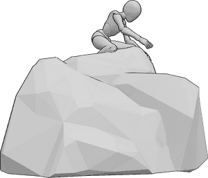 Pose Reference- Female reaching out downwards pose - Female is kneeling on top of a rock and reaching out downwards