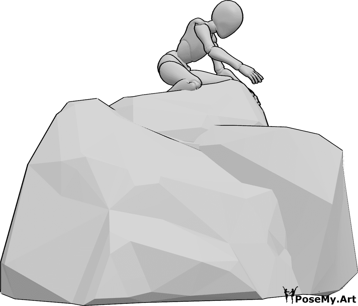 Pose Reference- Female reaching out downwards pose - Female is kneeling on top of a rock and reaching out downwards