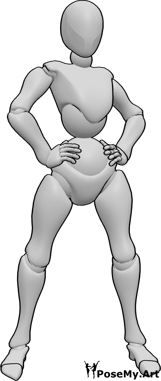 Referencia de poses- Mujer segura de sí misma de pie - Mujer de pie con seguridad y las manos en las caderas posa