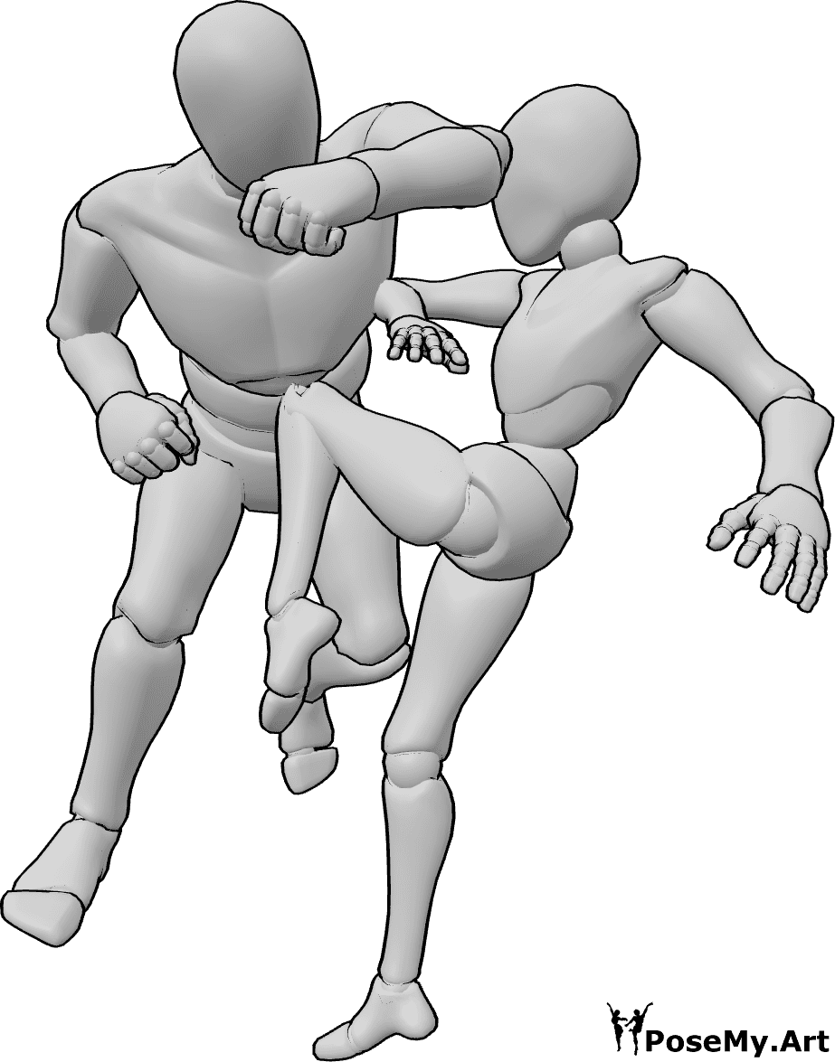 Pose Reference- Female knee strike pose - Male is striking female’s head with his elbow while female is kneeing male’s abdomen