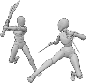 Pose Reference- Axe versus Sai pose - Male is swinging a heavy axe while female is attacking with two sai weapons