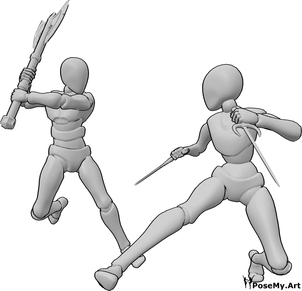 Pose Reference- Axe versus Sai pose - Male is swinging a heavy axe while female is attacking with two sai weapons