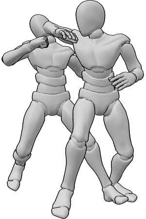Pose Reference- Male elbow strike pose - Male is elbowing another male in the head who is attacking from behind