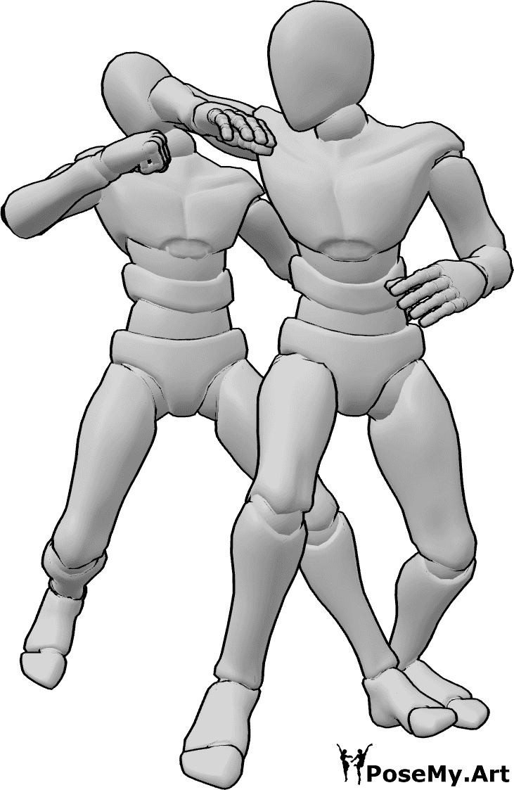 Pose Reference- Male elbow strike pose - Male is elbowing another male in the head who is attacking from behind