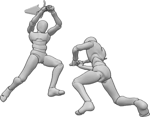 Pose Reference- Sword combat pose - Two males are fighting with swords, one striking downward while the other swings horizontally