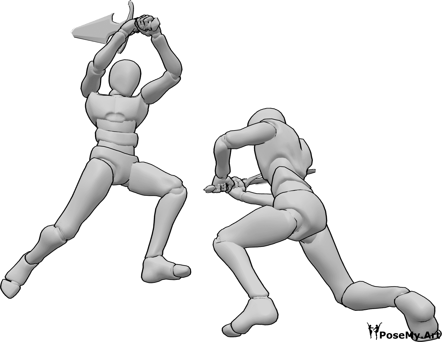Pose Reference- Sword combat pose - Two males are fighting with swords, one striking downward while the other swings horizontally