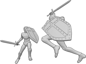 Pose Reference- Sword shield combat pose - Two males are leaping toward each other with swords and shields raised