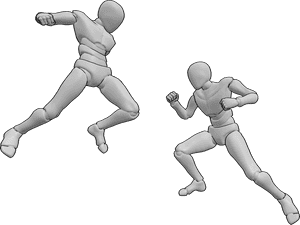 Pose Reference- Jumping punch attack pose - Two males are fighting barehanded, one is jumping upward to punch with momentum
