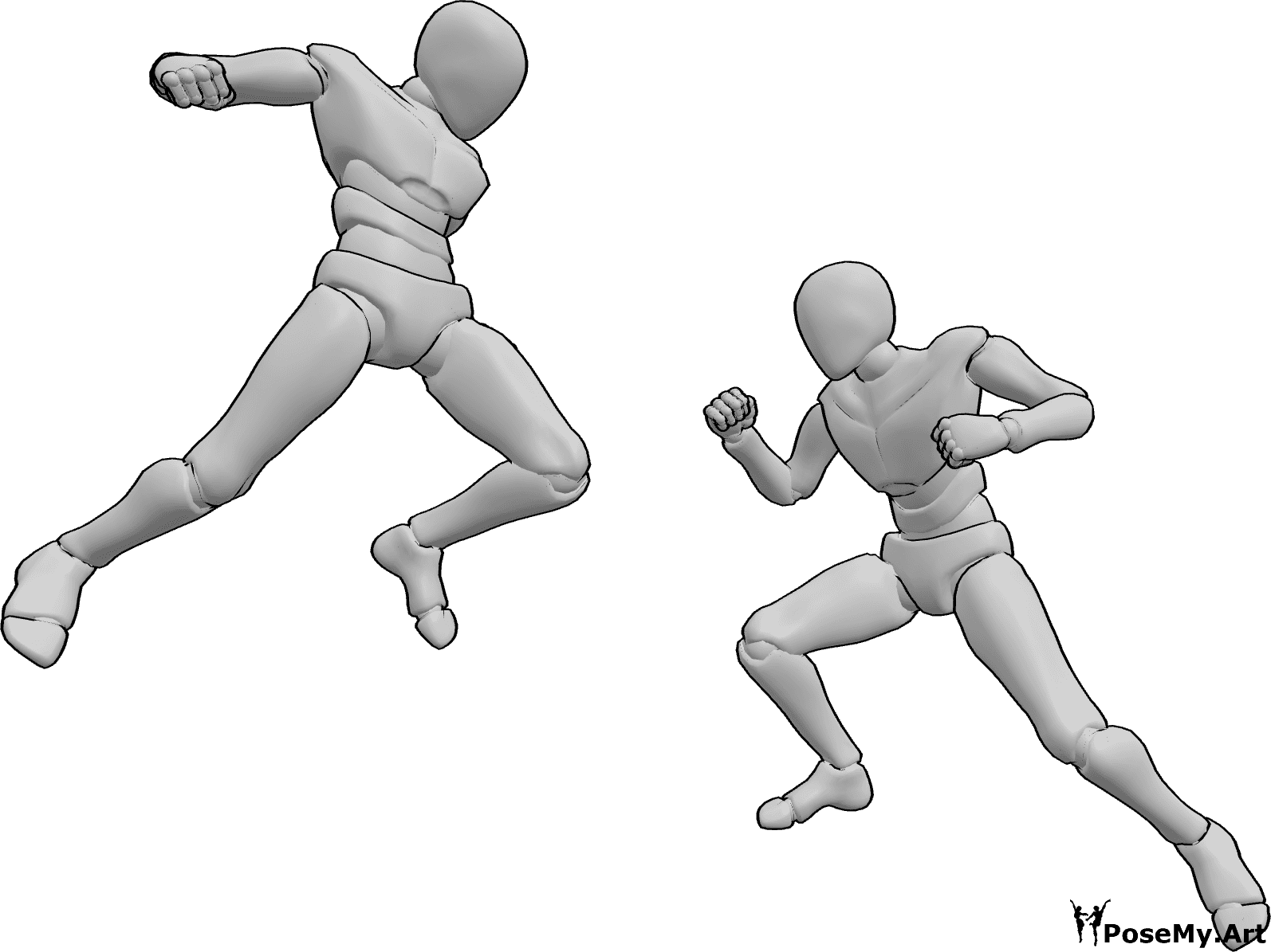 Pose Reference- Jumping punch attack pose - Two males are fighting barehanded, one is jumping upward to punch with momentum