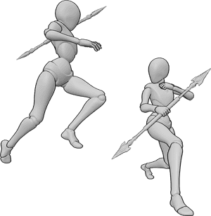 Pose Reference- Leaping spear combat pose - Two females are fighting with spears, one is mid-air attacking