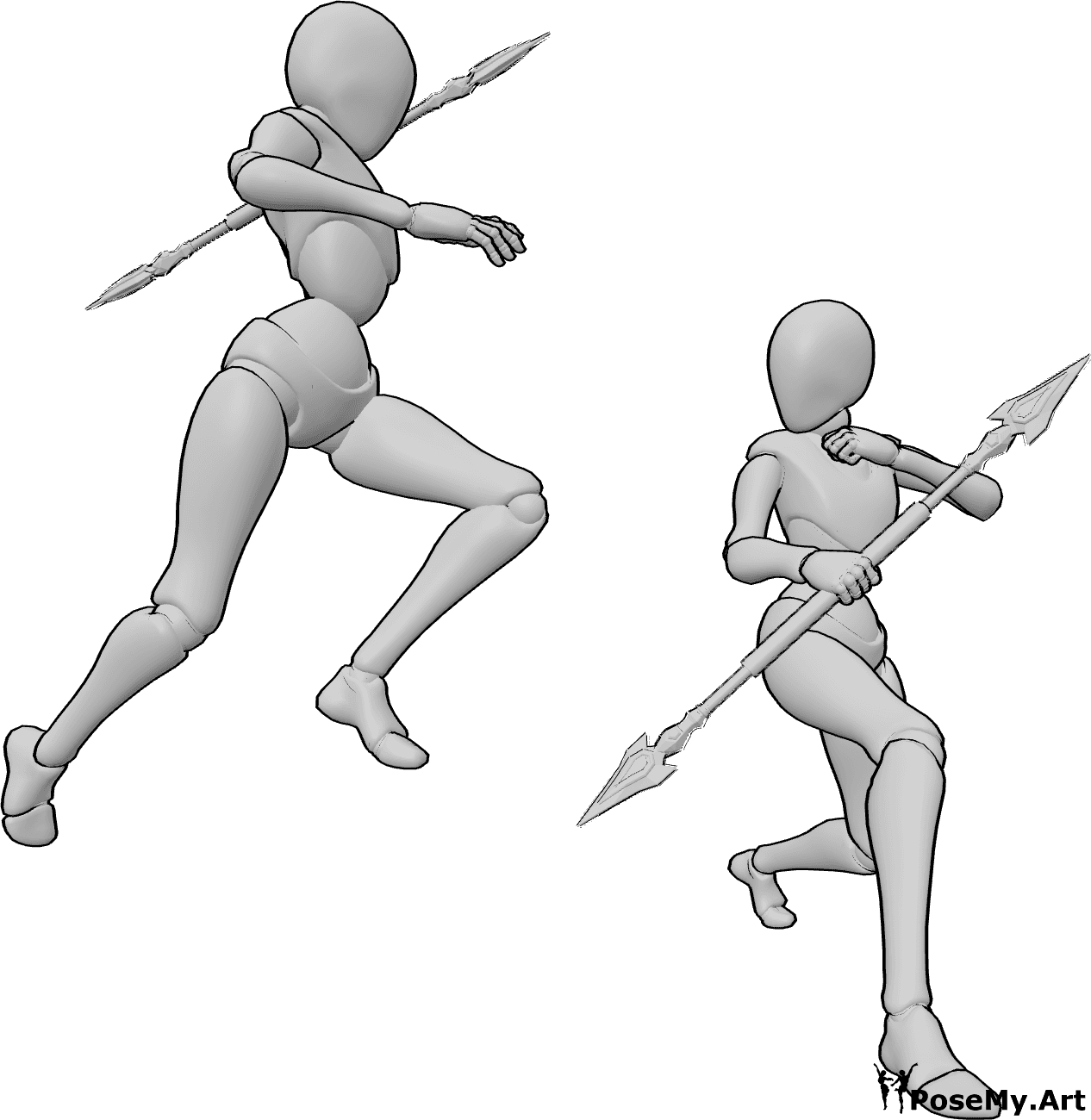 Pose Reference- Leaping spear combat pose - Two females are fighting with spears, one is mid-air attacking