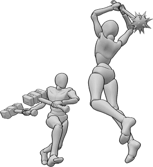 Pose Reference- Fantasy weapons fighting pose - Male is attacking with two fantasy hammers while female is fighting with a mace