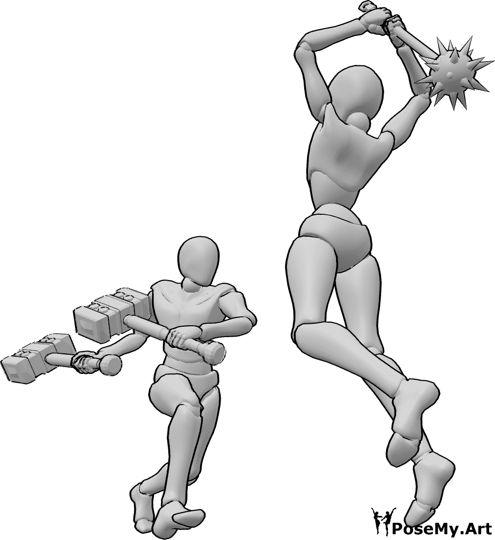 Pose Reference- Fantasy weapons fighting pose - Male is attacking with two fantasy hammers while female is fighting with a mace