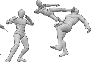 Pose Reference- Head kick brute male pose - Male is kicking Brute Male in the head during close combat