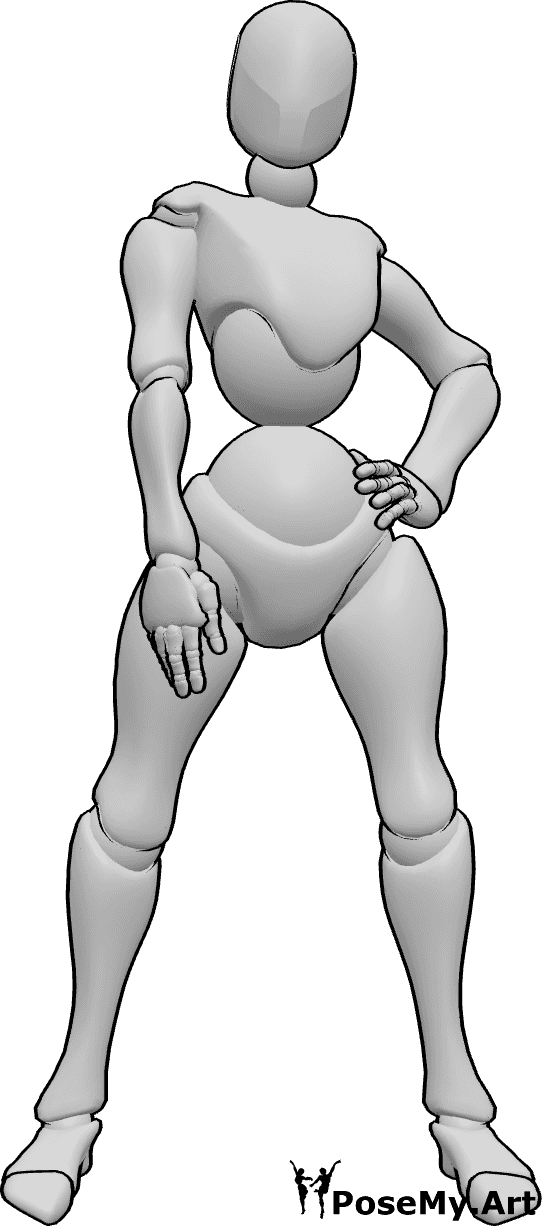 Référence des poses- Pose de la main gauche sur la hanche - La femme se tient debout, sûre d'elle, la main gauche posée sur la hanche.