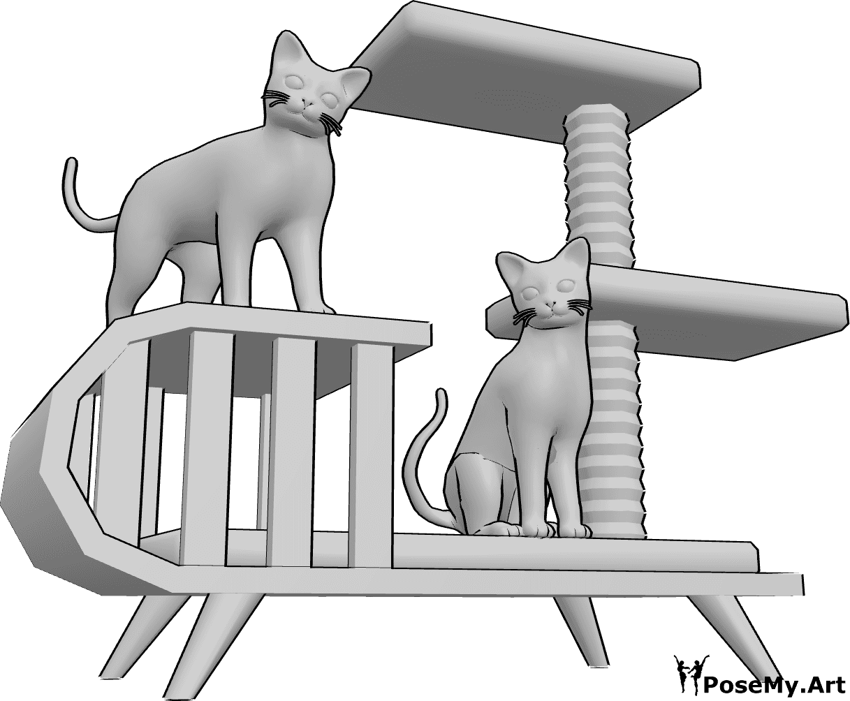 Pose Reference- Cute cats pose - One cat is sitting and another is standing on the cat house
