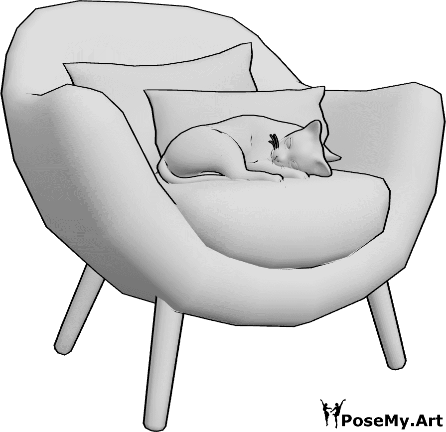 Pose Reference- Cat sleeping pose - Cat is sleeping in an armchair with pillows behind her