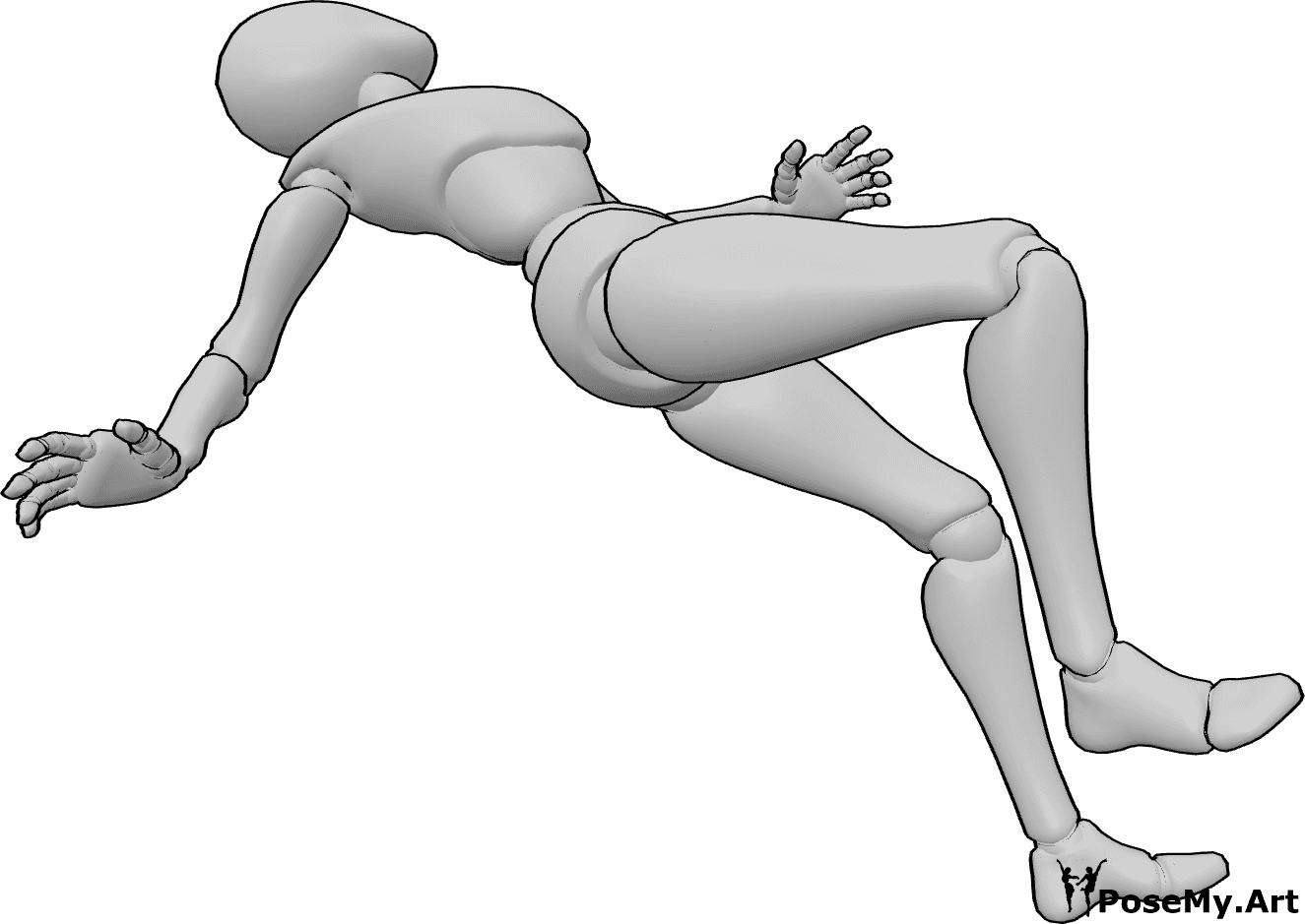 Pose Reference- Female falling down pose - Female is falling backward with arms flailing, spine arched, weight already lost