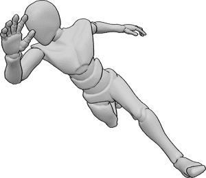 Pose Reference- Running falling pose - Male is losing balance while running, stride broken mid-step