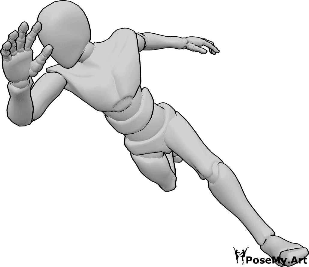 Pose Reference- Running falling pose - Male is losing balance while running, stride broken mid-step