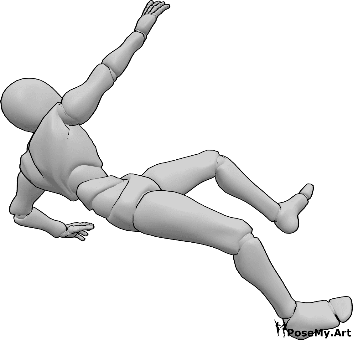 Pose Reference- Male falling down reaching pose - Male is falling while reaching for support, one arm fully extended