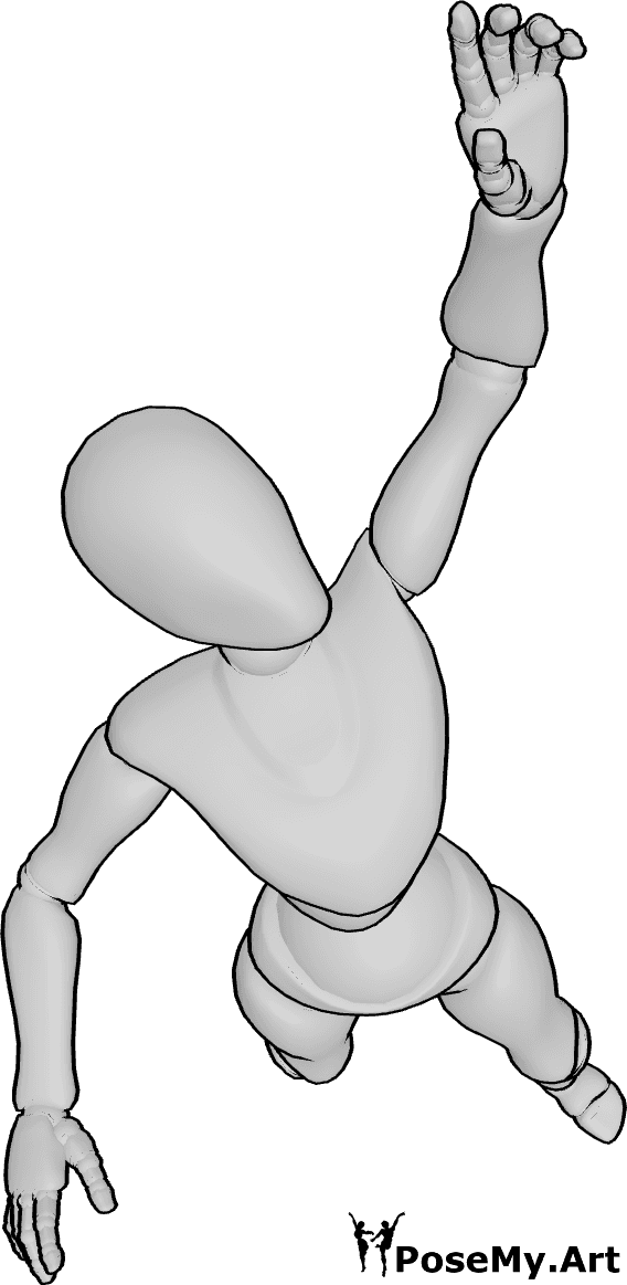 Pose Reference- Female falling down reaching pose - Female is falling down, reaching out with her left hand