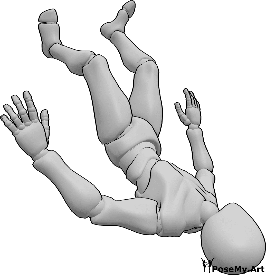 Pose Reference- Male upside down falling pose - Male is falling upside down, unconscious falling pose