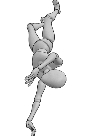 Pose Reference- Female upside down falling pose - Female is falling upside down, reaching out with her hands