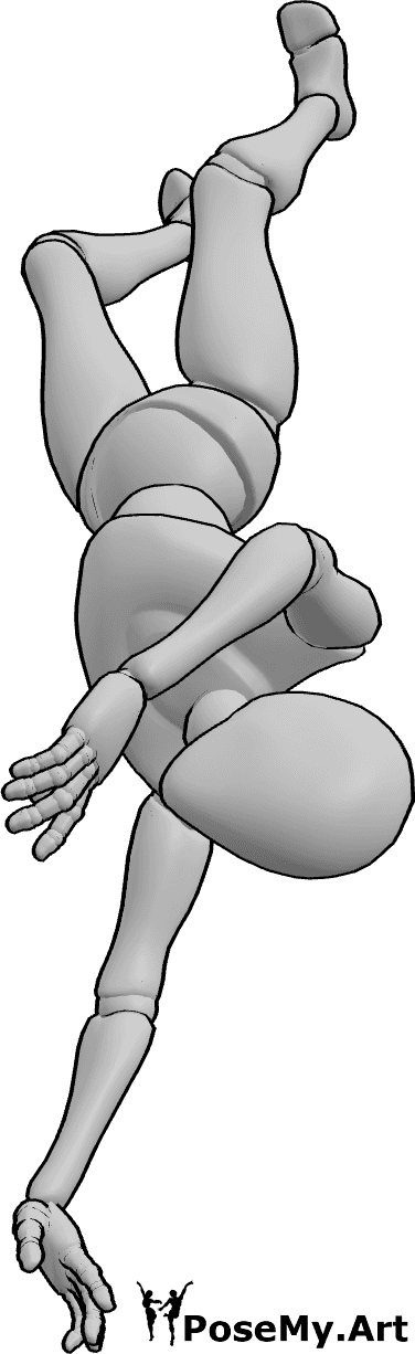 Pose Reference- Female upside down falling pose - Female is falling upside down, reaching out with her hands