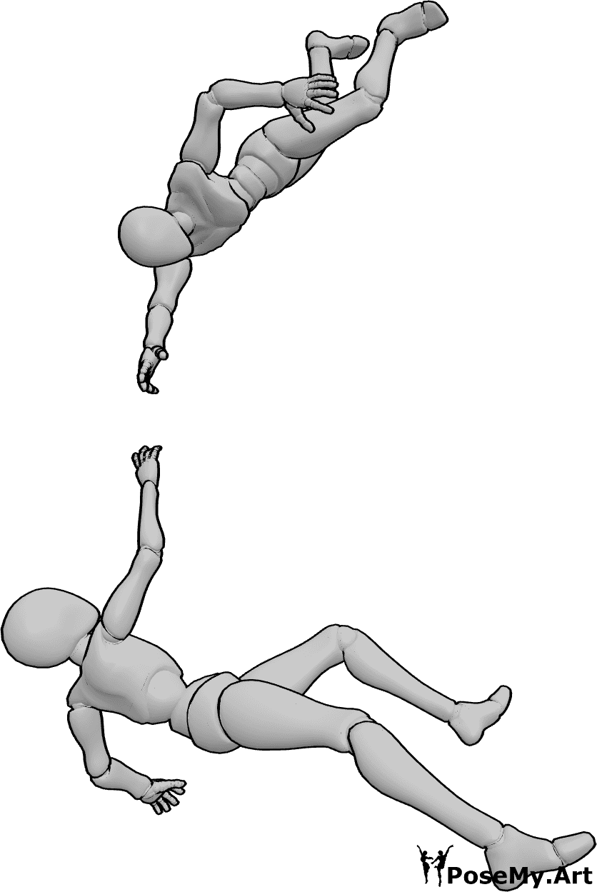 Pose Reference- Couple falling down pose - Female and male are falling down, reaching for each other's hands