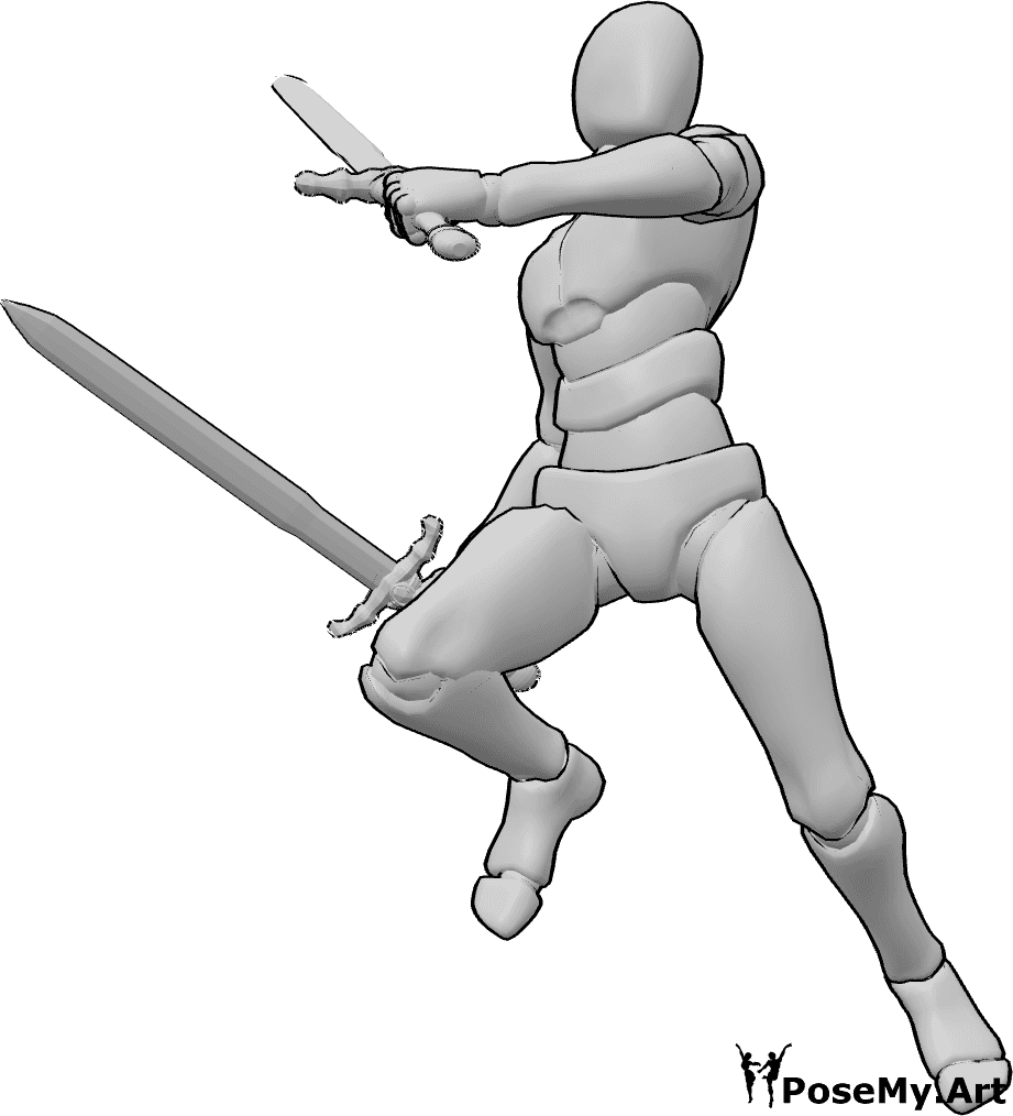 Pose Reference- Dual blade aerial attack pose - Male is jumping and attacking while swinging two swords