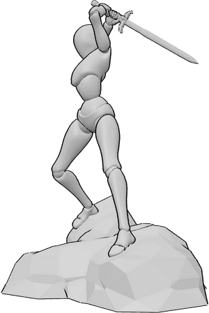 Pose Reference- Cliff edge overhead strike pose - Female is standing on a rock while holding a two-handed sword overhead, preparing a powerful vertical strike, legs wide and firmly grounded