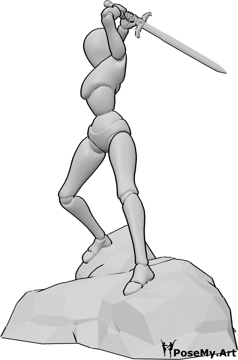 Pose Reference- Cliff edge overhead strike pose - Female is standing on a rock while holding a two-handed sword overhead, preparing a powerful vertical strike, legs wide and firmly grounded